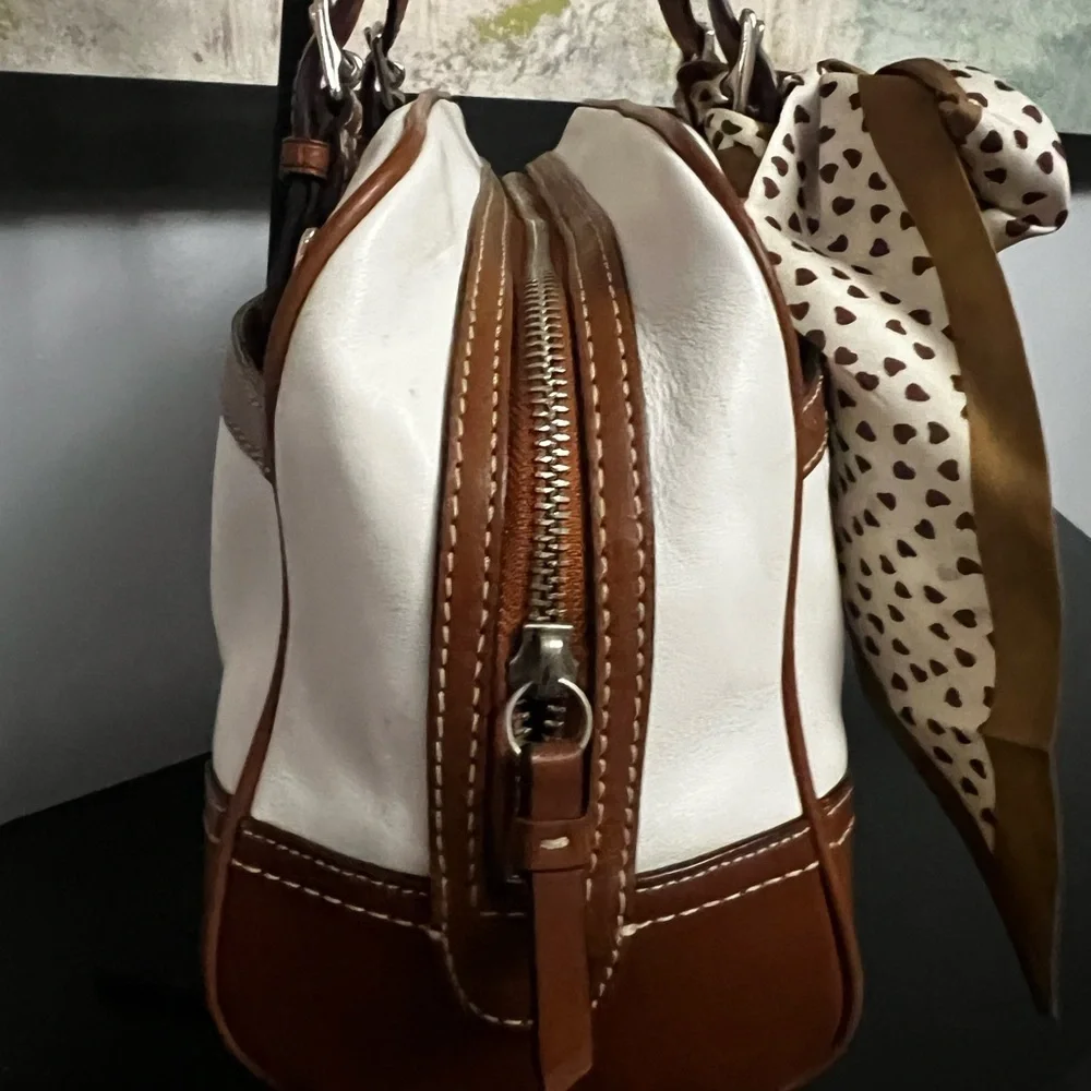 Coach Hampton Medium Ivory Beige Leather Trim Satchel Handbag 2007